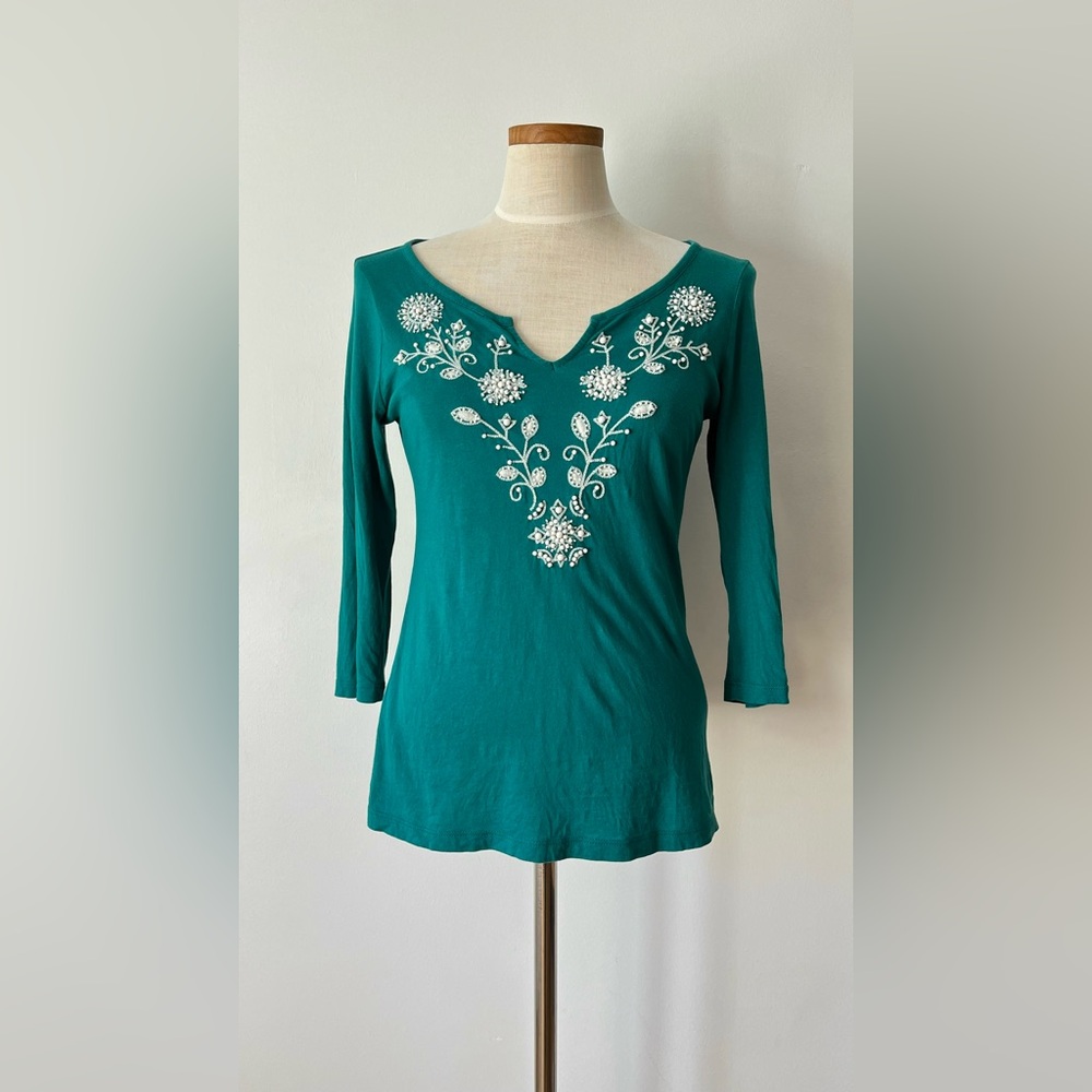 Old Navy Embroidered Teal Green Scoop Neck 3/4 Sleeve Top